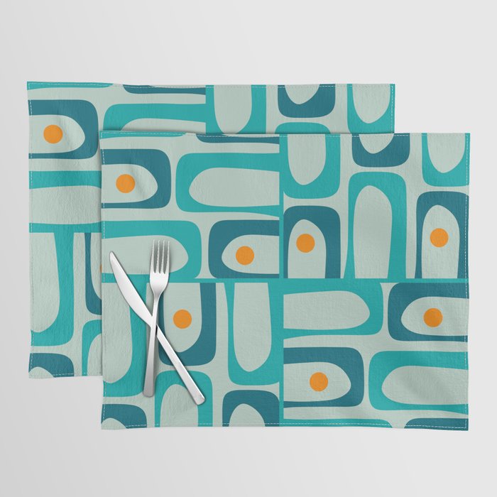 Mid Century Modern Piquet Multi Abstract Retro Pattern in Teal Aqua Orange Turquoise Blue Tones Placemat Gallery Image 1