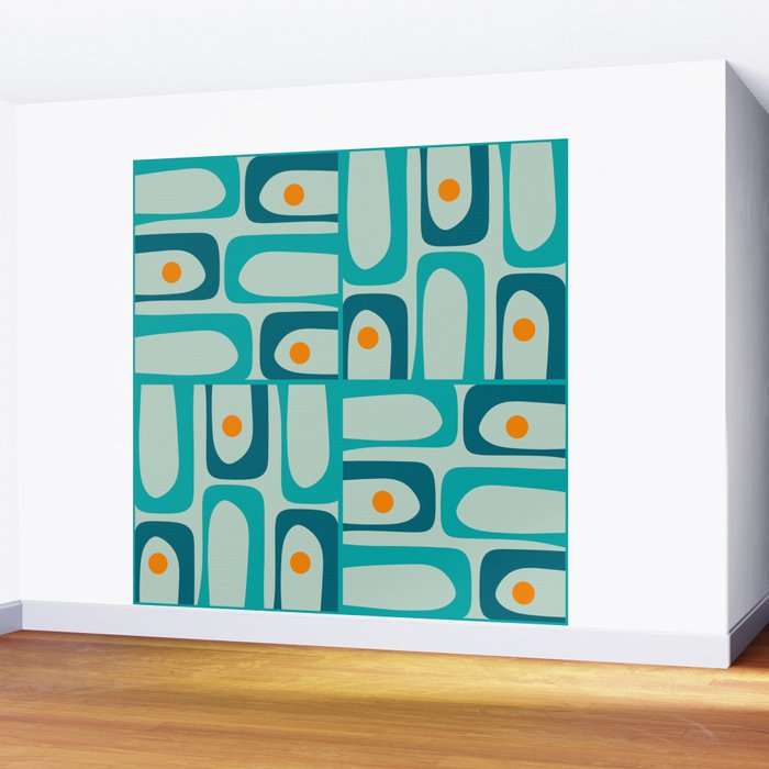 Mid Century Modern Piquet Multi Abstract Retro Pattern in Teal Aqua Orange Turquoise Blue Tones Wall Mural Gallery Image 2