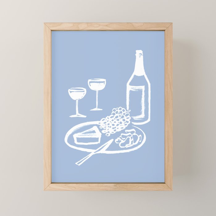 Wine and Cheese Aperitivo - on Pastel Blue Mini Art Print Gallery Image 1