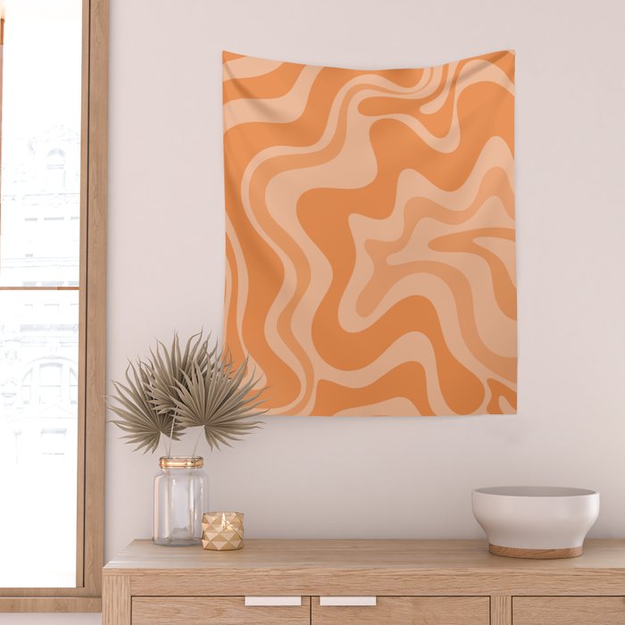 Retro Liquid Swirl Abstract Pattern in Muted Apricot Orange Wall Tapestry Gallery Image 2