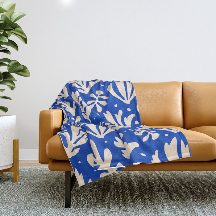 matisse pattern with leaves in blu Throw Blanket Gallery Image 1