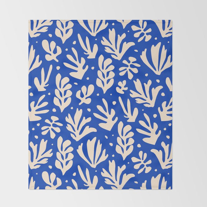 matisse pattern with leaves in blu Throw Blanket Gallery Image 2