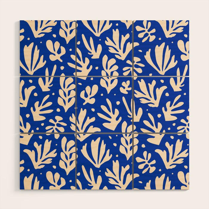 matisse pattern with leaves in blu Wood Wall Art Gallery Image 1