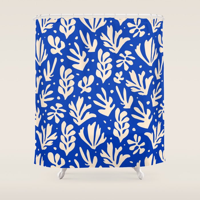 matisse pattern with leaves in blu Shower Curtain Gallery Image 1