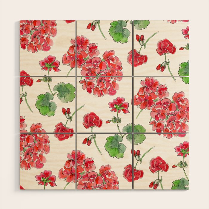 Red Geranium Pattern Wood Wall Art Gallery Image 1
