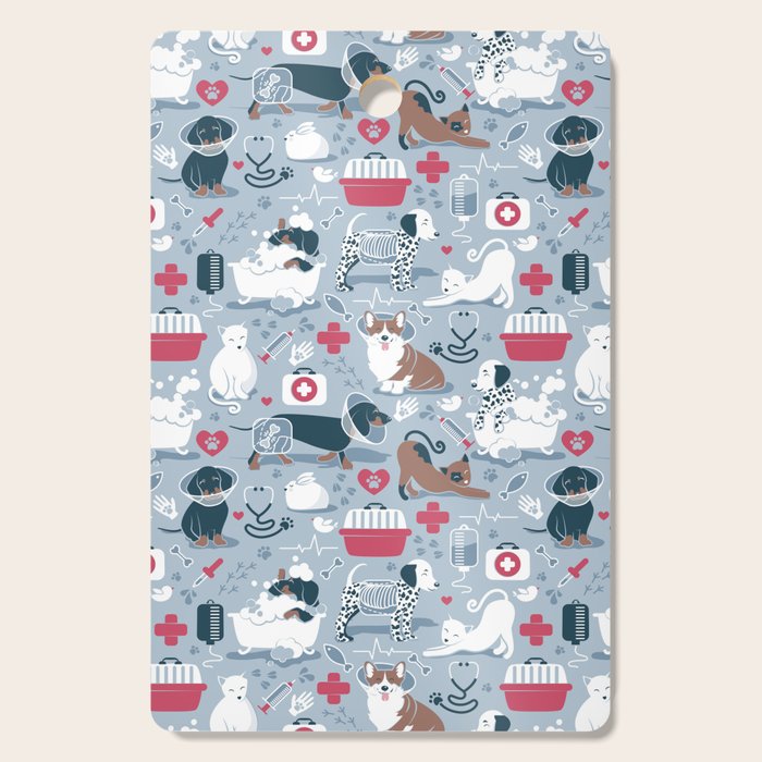 Veterinary medicine, happy and healthy friends // pastel blue background Cutting Board Gallery Image 1