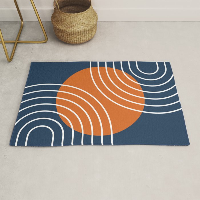 Mid Century Modern Geometric 133 in Navy Blue and vintage orange (Sun and Rainbow Abstract) Rug