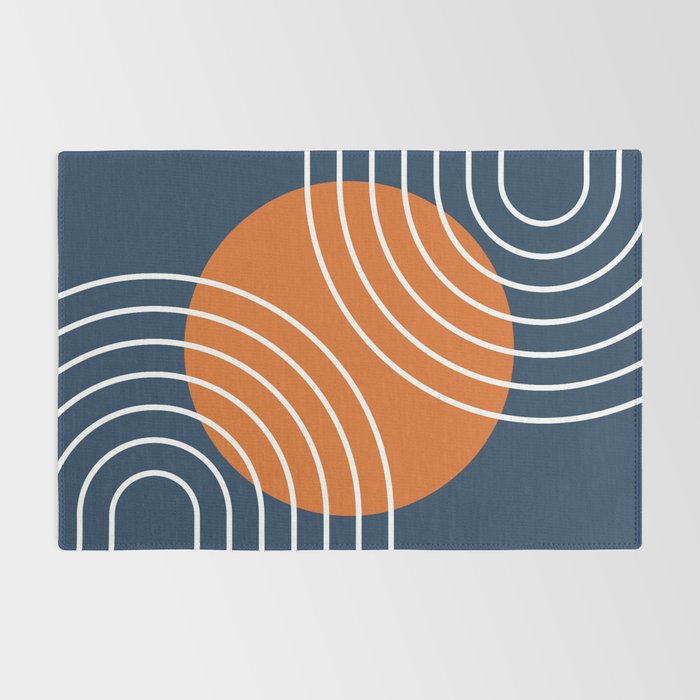 Mid Century Modern Geometric 133 in Navy Blue and vintage orange (Sun and Rainbow Abstract) Rug Gallery Image 2