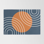 Mid Century Modern Geometric 133 in Navy Blue and vintage orange (Sun and Rainbow Abstract) Rug Gallery Image 2