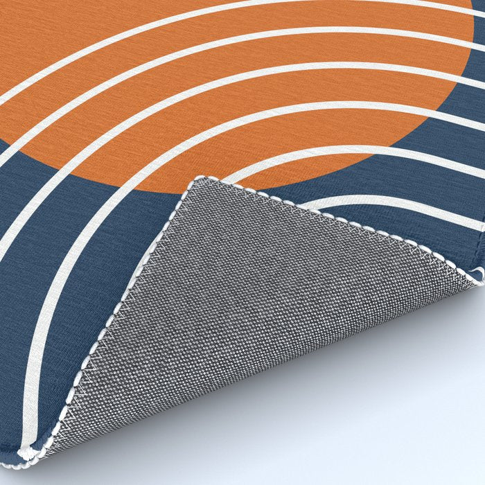 Mid Century Modern Geometric 133 in Navy Blue and vintage orange (Sun and Rainbow Abstract) Rug Gallery Image 4