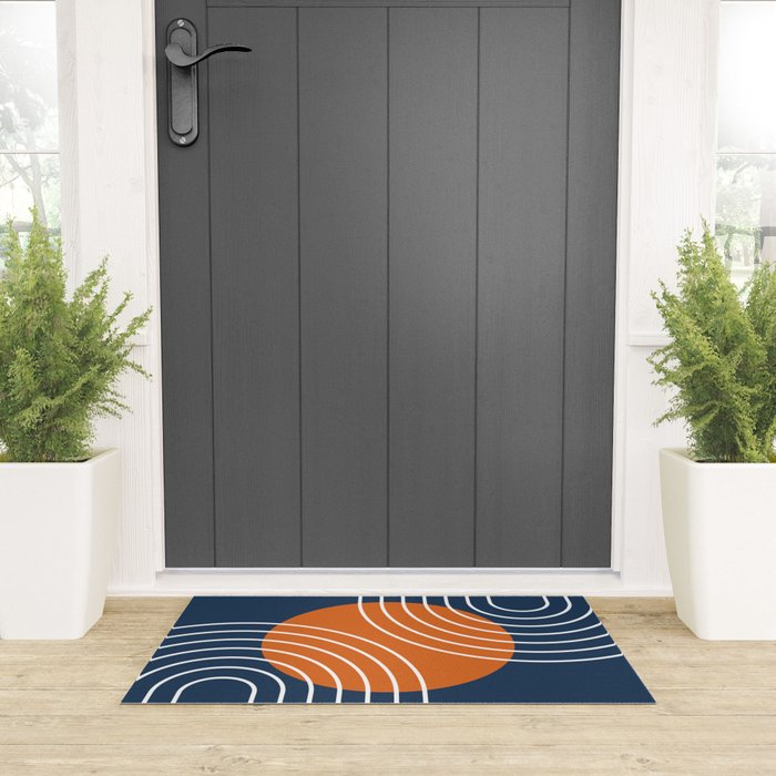 Mid Century Modern Geometric 133 in Navy Blue and vintage orange (Sun and Rainbow Abstract) Welcome Mat Gallery Image 3