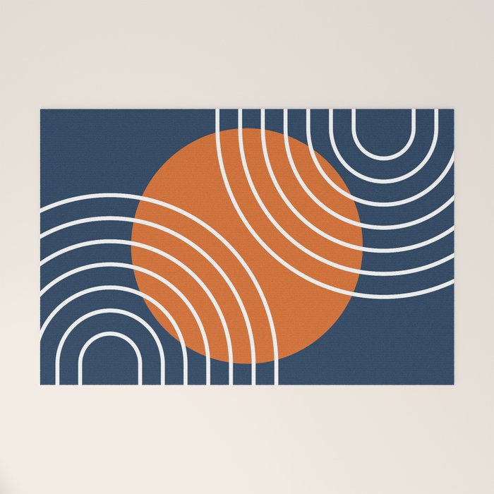 Mid Century Modern Geometric 133 in Navy Blue and vintage orange (Sun and Rainbow Abstract) Welcome Mat Gallery Image 1