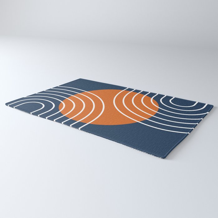 Mid Century Modern Geometric 133 in Navy Blue and vintage orange (Sun and Rainbow Abstract) Rug Gallery Image 3