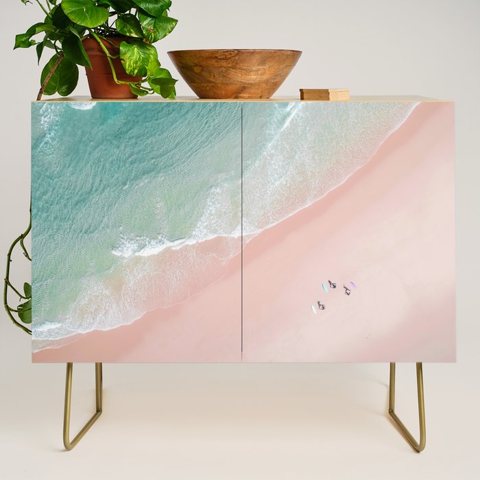 Surf Yoga II - Aerial Pink Beach Print - Ocean - Sea Travel photography by Ingrid Beddoes Credenza Gallery Image 1