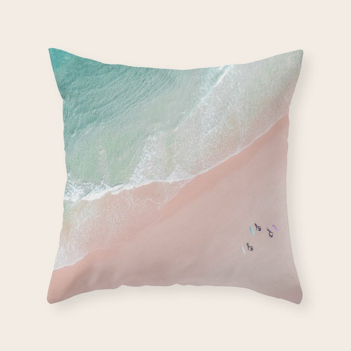 Surf Yoga II - Aerial Pink Beach Print - Ocean - Sea Travel photography by Ingrid Beddoes Throw Pillow Gallery Image 6