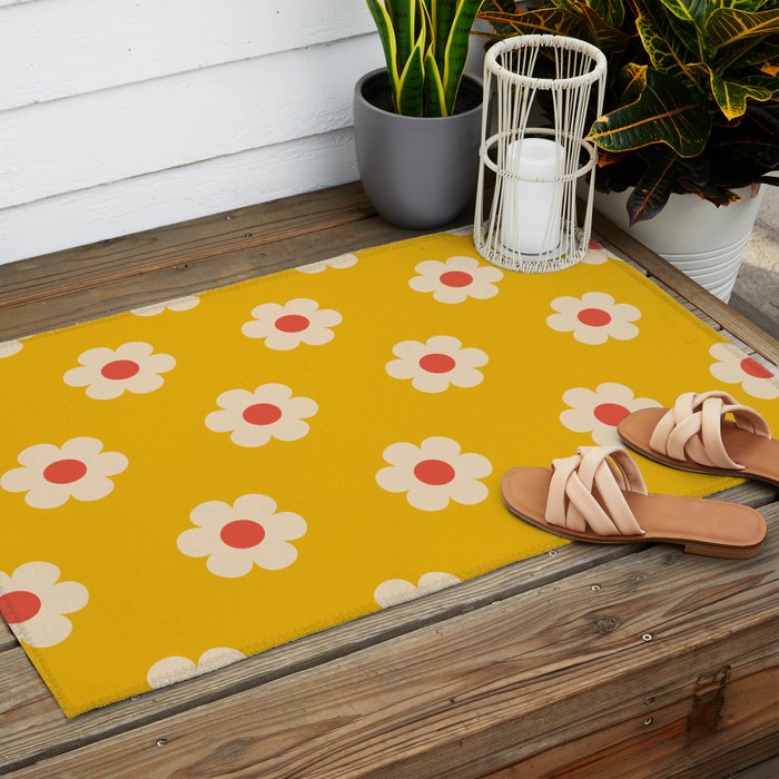 Yellow, Pink and Cream Daisy Flower Outdoor Rug Gallery Image 2