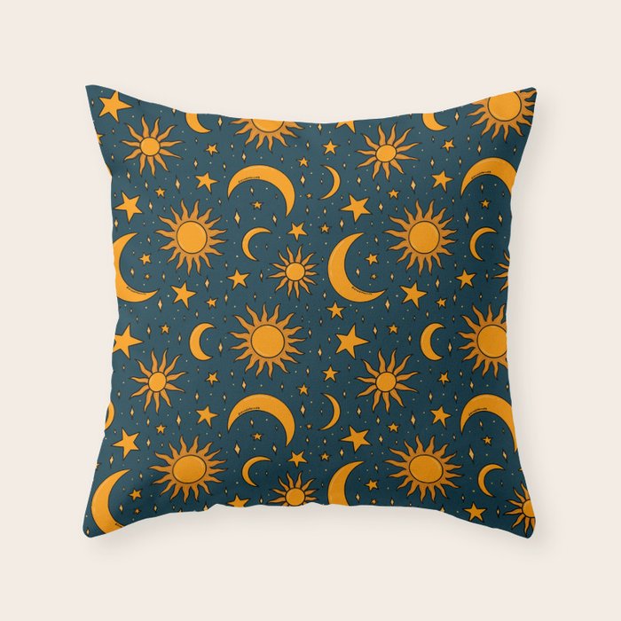 Vintage Sun and Star Print in Navy Throw Pillow Gallery Image 6