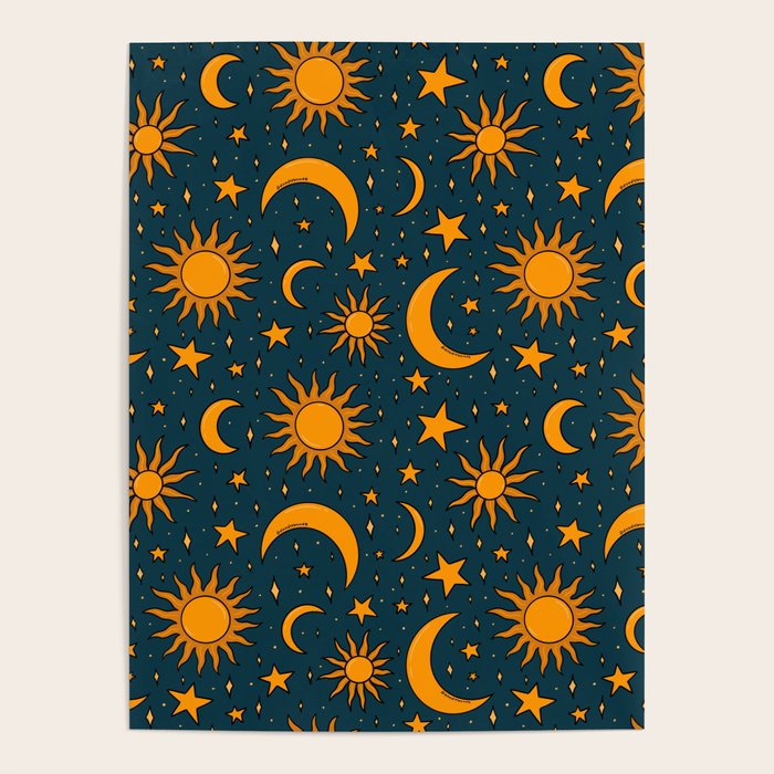 Vintage Sun and Star Print in Navy Poster Gallery Image 1