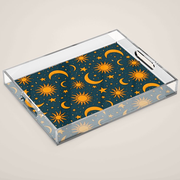 Vintage Sun and Star Print in Navy Acrylic Tray Gallery Image 1