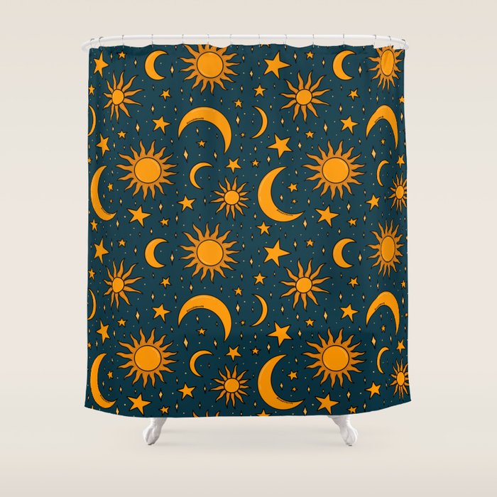 Vintage Sun and Star Print in Navy Shower Curtain Gallery Image 1