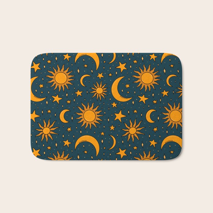 Vintage Sun and Star Print in Navy Bath Mat Gallery Image 1