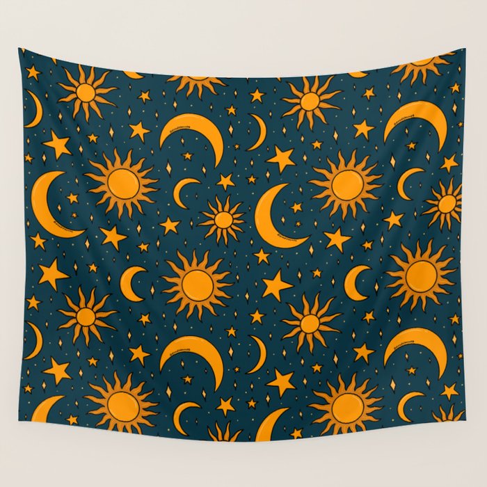 Vintage Sun and Star Print in Navy Wall Tapestry Gallery Image 4