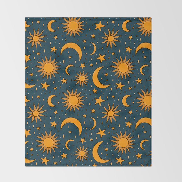Vintage Sun and Star Print in Navy Throw Blanket Gallery Image 2