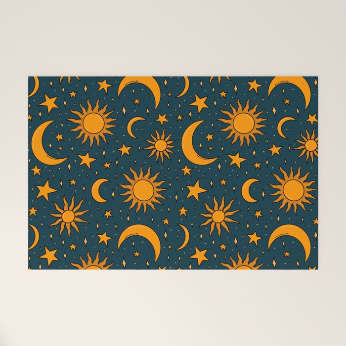 Vintage Sun and Star Print in Navy Welcome Mat Gallery Image 1