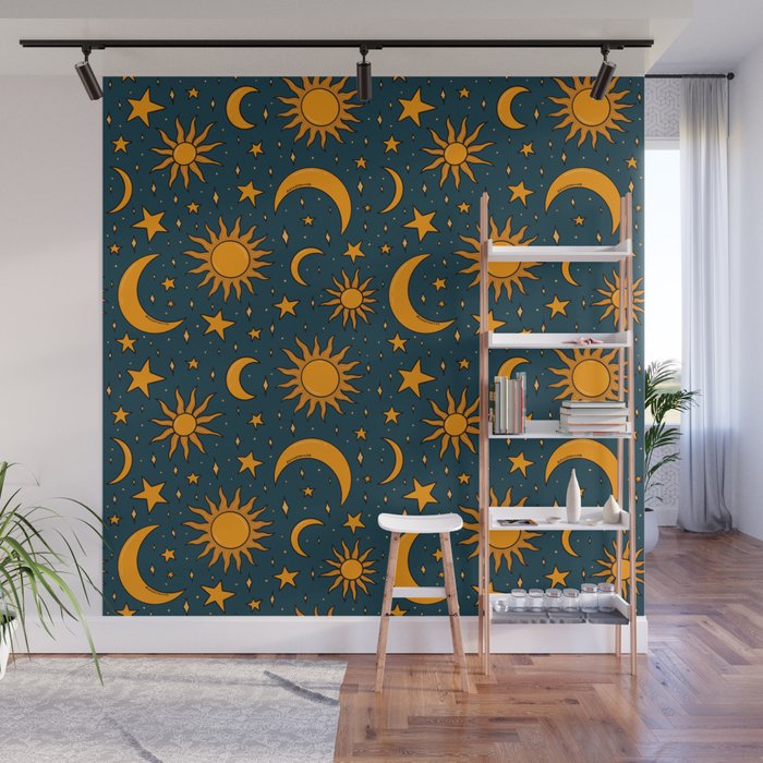 Vintage Sun and Star Print in Navy Wall Mural Gallery Image 1