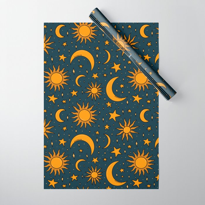 Vintage Sun and Star Print in Navy Wrapping Paper Gallery Image 1