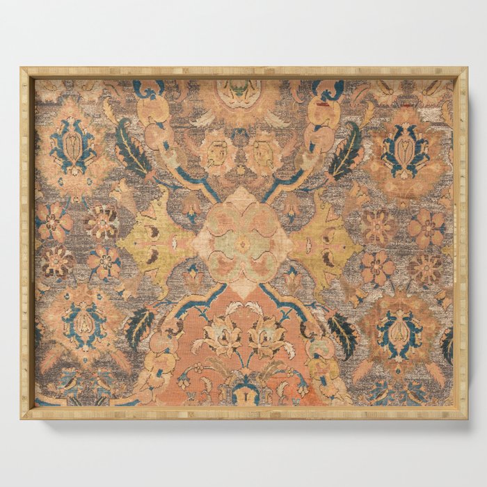 Persian Motif III // 17th Century Ornate Rose Gold Silver Royal Blue Yellow Flowery Accent Rug Patte Serving Tray Gallery Image 1