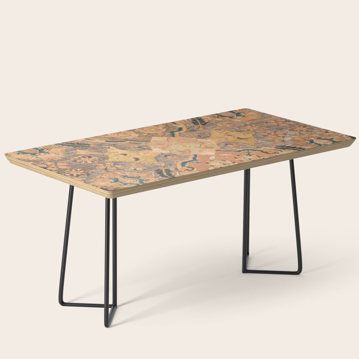 Persian Motif III // 17th Century Ornate Rose Gold Silver Royal Blue Yellow Flowery Accent Rug Patte Coffee Table Gallery Image 1
