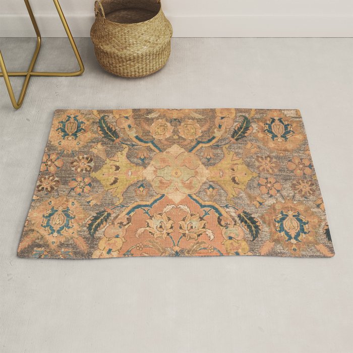 Persian Motif III // 17th Century Ornate Rose Gold Silver Royal Blue Yellow Flowery Accent Rug Patte Rug Gallery Image 1