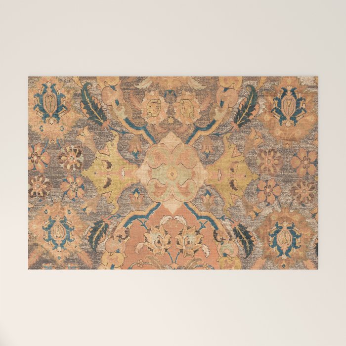 Persian Motif III // 17th Century Ornate Rose Gold Silver Royal Blue Yellow Flowery Accent Rug Patte Welcome Mat Gallery Image 1
