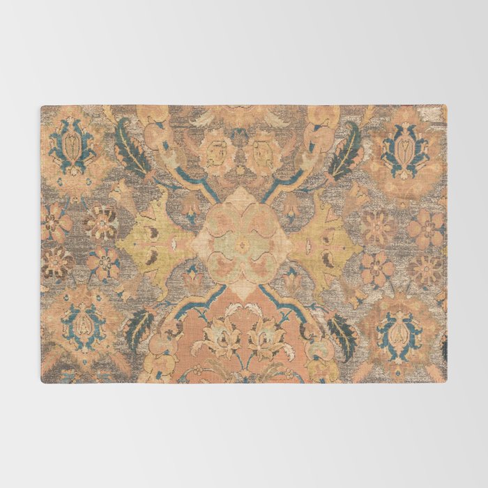 Persian Motif III // 17th Century Ornate Rose Gold Silver Royal Blue Yellow Flowery Accent Rug Patte Rug Gallery Image 2