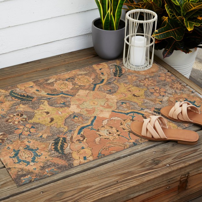 Persian Motif III // 17th Century Ornate Rose Gold Silver Royal Blue Yellow Flowery Accent Rug Patte Outdoor Rug Gallery Image 2
