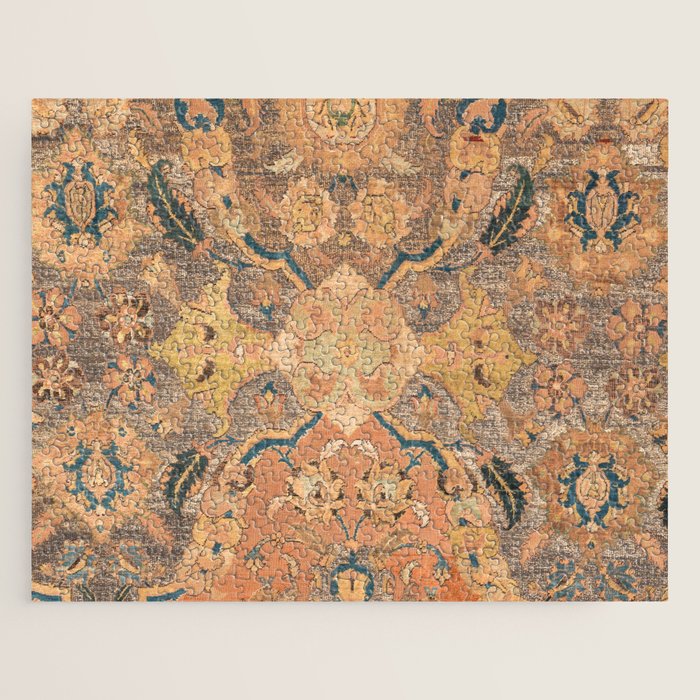 Persian Motif III // 17th Century Ornate Rose Gold Silver Royal Blue Yellow Flowery Accent Rug Patte Jigsaw Puzzle Gallery Image 1