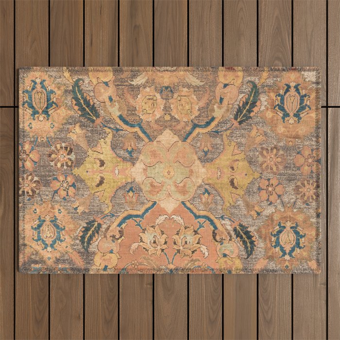 Persian Motif III // 17th Century Ornate Rose Gold Silver Royal Blue Yellow Flowery Accent Rug Patte Outdoor Rug Gallery Image 1