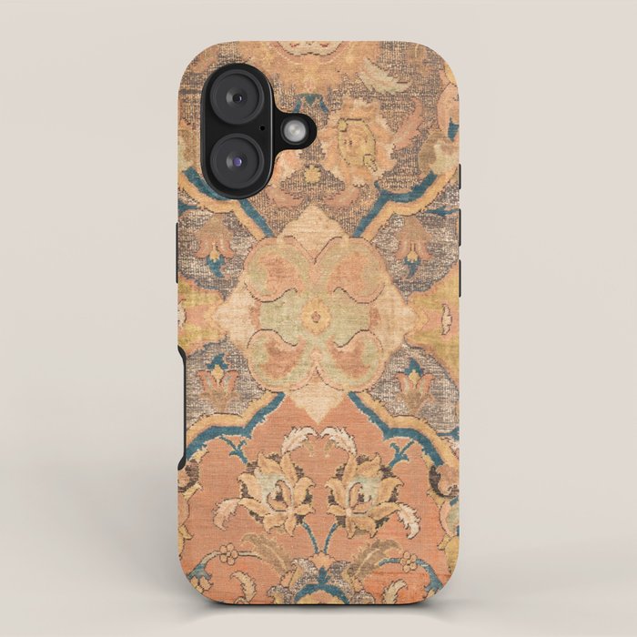 Persian Motif III // 17th Century Ornate Rose Gold Silver Royal Blue Yellow Flowery Accent Rug Patte iPhone Case Gallery Image 1