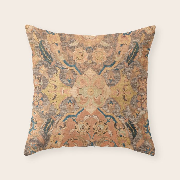 Persian Motif III // 17th Century Ornate Rose Gold Silver Royal Blue Yellow Flowery Accent Rug Patte Throw Pillow Gallery Image 1
