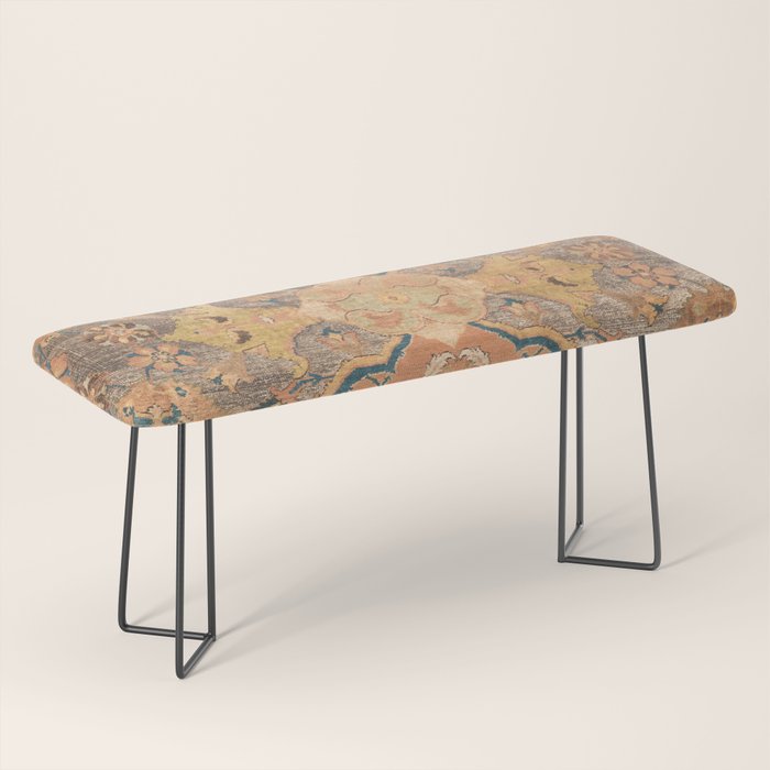 Persian Motif III // 17th Century Ornate Rose Gold Silver Royal Blue Yellow Flowery Accent Rug Patte Bench Gallery Image 1