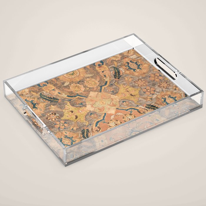 Persian Motif III // 17th Century Ornate Rose Gold Silver Royal Blue Yellow Flowery Accent Rug Patte Acrylic Tray Gallery Image 1