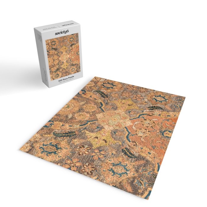 Persian Motif III // 17th Century Ornate Rose Gold Silver Royal Blue Yellow Flowery Accent Rug Patte Jigsaw Puzzle Gallery Image 2