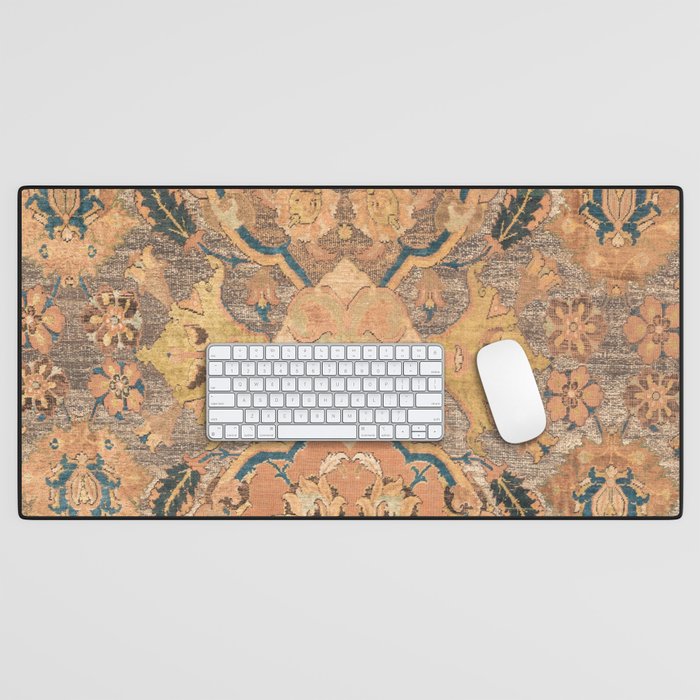 Persian Motif III // 17th Century Ornate Rose Gold Silver Royal Blue Yellow Flowery Accent Rug Patte Desk Mat Gallery Image 1