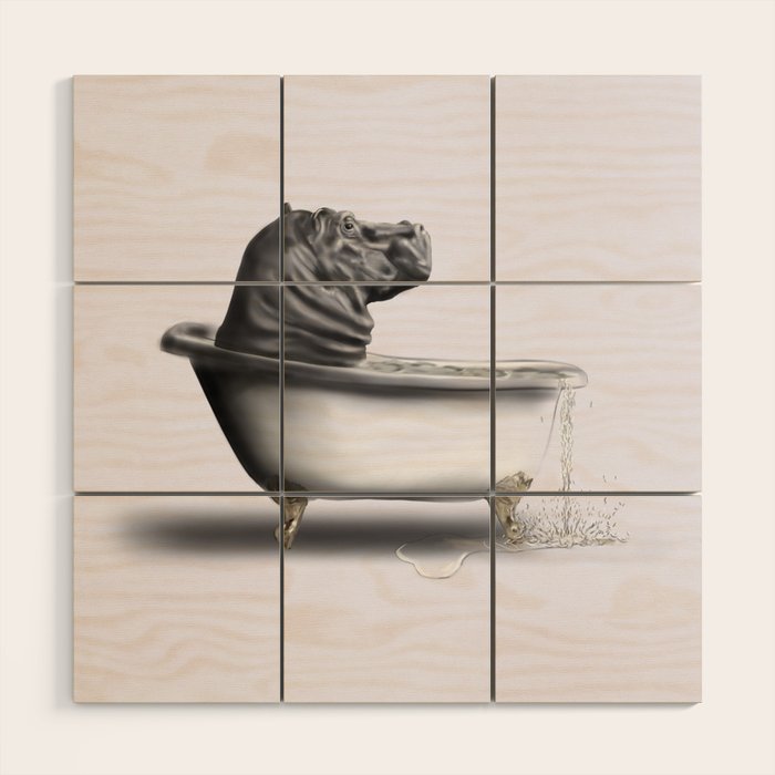 Hippo in Bath Wood Wall Art Gallery Image 1