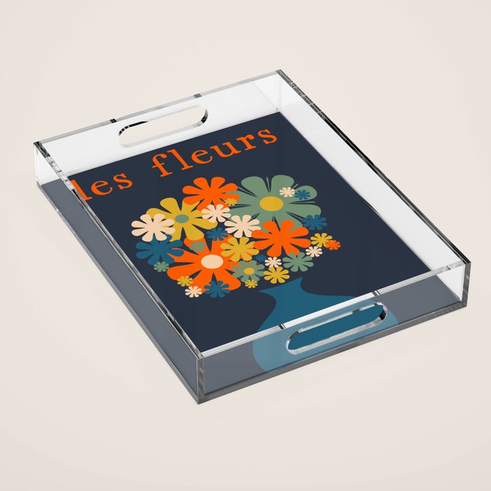 Les Fleurs Retro Flowers in Vase Blue Orange Acrylic Tray Gallery Image 1