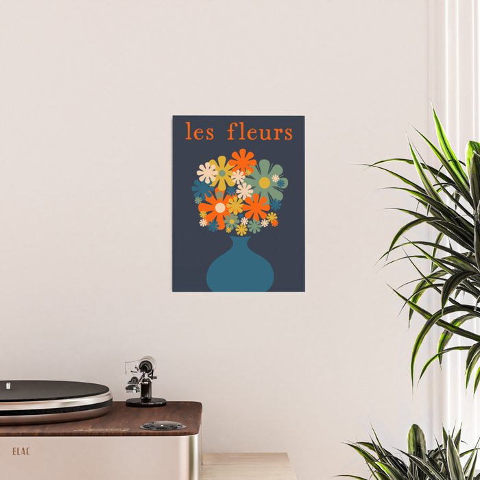 Les Fleurs Retro Flowers in Vase Blue Orange Poster Gallery Image 2