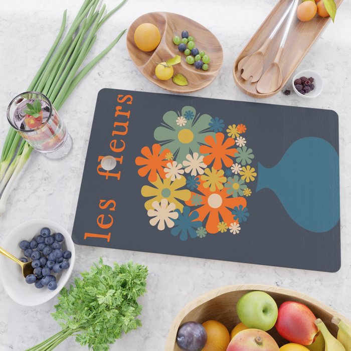 Les Fleurs Retro Flowers in Vase Blue Orange Cutting Board Gallery Image 2