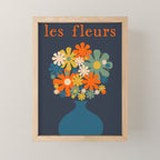 Les Fleurs Retro Flowers in Vase Blue Orange Mini Art Print Gallery Image 1
