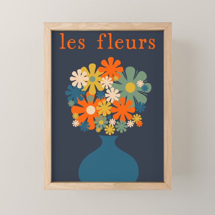 Les Fleurs Retro Flowers in Vase Blue Orange Mini Art Print Gallery Image 1